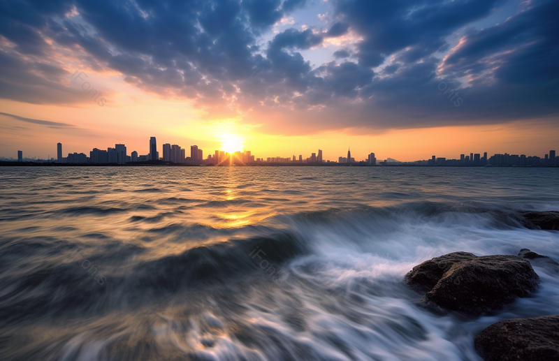 夕阳下的天空与城市建筑与近岸海峡延时拍摄,高清,摄影图,摄影图片,图片大全,摄影图免费下载